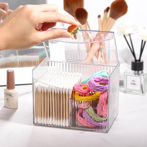 acDesign 2 Slot Qtip Holder Dispenser Rectangle Cotton Ball and Swab Holder Organizer with Lid Clear Bathroom Organizer Ja...