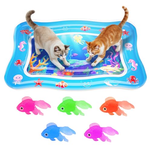 Cat Water Mat - Interactive Cat Toys Upgraded Thickened 0.7mm PVC Cooling & Heating Water Bed with Floating Fish, Anti-Scr...