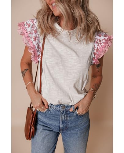 SELINK Womens Summer Ruffle Short Sleeve Top Crewneck T Shirts Floral Trim Casual Blouses