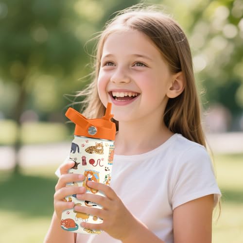 Cat Gifts for Kids - 16 Oz Orange Cat Water Bottle with Straw Lid, Stainless Steel Insulated Tumbler, Leak Proof, for Boys...