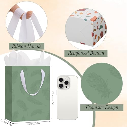 woric 10.6" Sage Green Flowers Gift Bags with Tissue Paper, 4 Medium Gift Bag with Greeting Cards for Mother's Day Birthda...