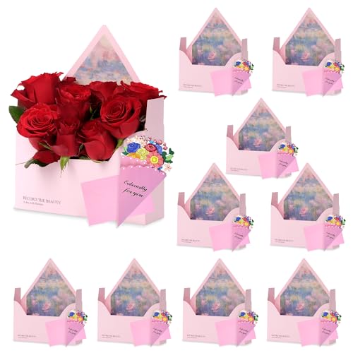 Amalee 10 Pack Pink Flower Bouquet Envelope Boxes with Greeting Cards, Premium Cardboard Floral Gift Boxes for Arrangement...