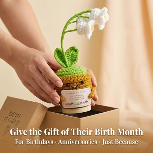 Xulvrax May Birth Flower Lily of the Valley Crochet Potted Plant Gift, Handmade Style with Wooden Base, Meaningful Birthda...