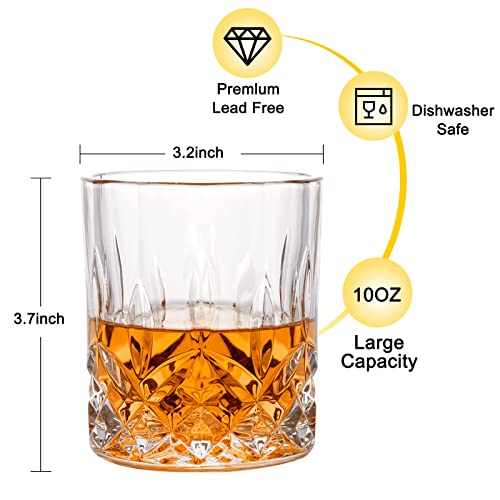 Whiskey Rocks Glass, Set of 4 (2 Crystal Bourbon Glasses, 2 Round Big Ice Ball Molds) In Gift Box - 10 Oz Old Fashioned Gl...