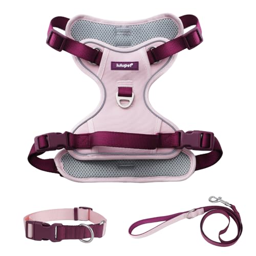 Pink Dog Harness Leash Collar Set, No Pull Reflective Dog Vest Harness with Control Handle, Adjustable Breathable Pet Harn...