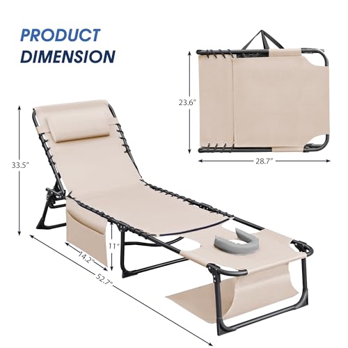 Flamaker Face Down Chaise Lounge Chair 5-Position Adjustable Sunbathing, Foldable Tanning Chair with Face& Arm Holes, Outd...