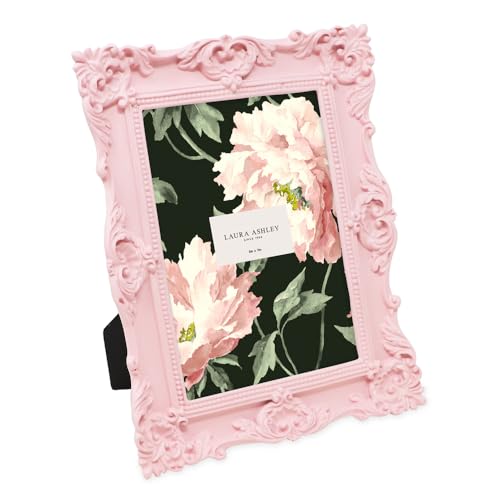 Laura Ashley 5x7 Pink Ornate Textured Hand-Crafted Resin Picture Frame with Easel & Hook for Tabletop & Wall Display, Deco...