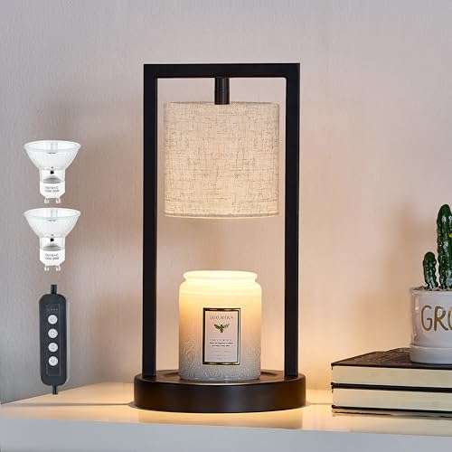 Candle Warmer Lamp with Timer, Black Candle Lamps Linen Fabric Shade, 3-Level Dimmable Candle Warming Wax Melt Warmer for ...