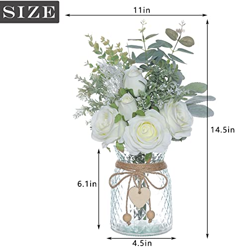 Faux Flowers with Vase,Artificial Silk Roses in Vase, Fake Plant Eucalyptus Flower Arrangement for Home Office Farmhouse B...