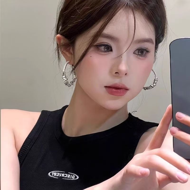 Korean Chic Style Silver Sparkling Rhinestone Big Hoop Earrings For Women, Light Luxury High-End Bold Personality Circle Stud Ear Jewelry