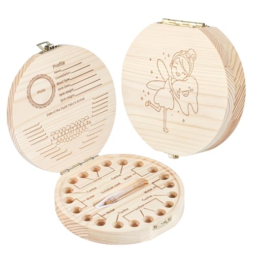 Annhua Tooth Fairy Tooth Holder Wooden Umbilical Cord Keepsake Box, Cute Baby Teeth Keepsake Box with Tweezer and Fetal Ha...