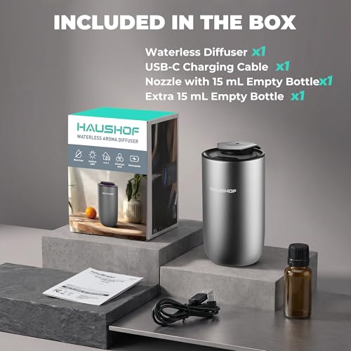 HAUSHOF Waterless Essential Oil Diffuser for Home & Car, Smart Aromatherapy Scent Diffuser with Auto On/Off, 3 Mist Levels...