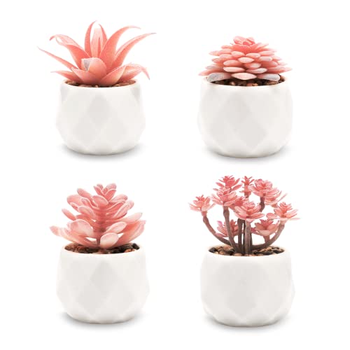 VIVERIE Mini Faux Succulents Plants Artificial in Pots-Rose Pink Desk Accessories, Small Fake Succulents Plants for Home D...