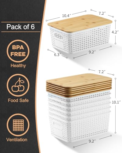 EOENVIVS Plastic Storage Baskets with Bamboo Lids for Pantry Organization and Storage Containers Bins for Shelves Drawers ...