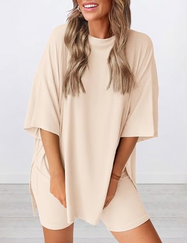 PRETTYGARDEN Women 2 Piece Lounge Set 2026 Summer Casual Oversized Shirts Biker Shorts Matching Airport Travel Outfit Clothes