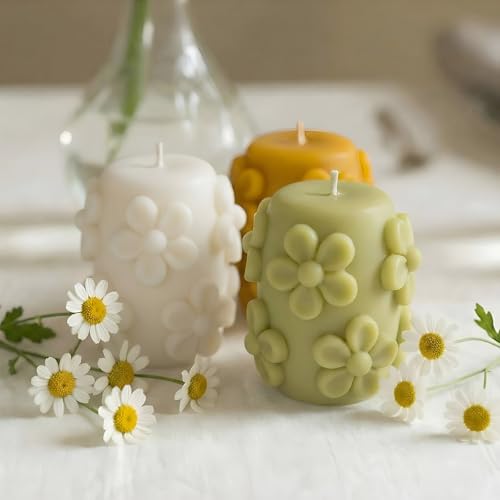 Lyrow 3 Pcs Daisy Pillar Candles 3D Embossed Floral Candle Set 3'' H Easter Decorative Candles for Spring Wedding Home Din...