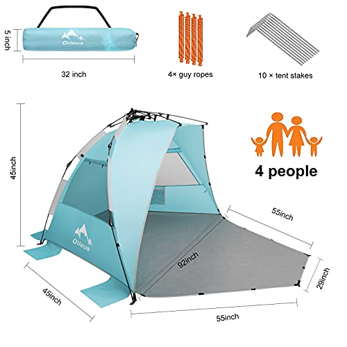 Oileus X-Large 4 Person Beach Tent Sun Shelter - Portable Sun Shade Instant Tent for Beach with Carrying Bag, Stakes, 6 Sa...