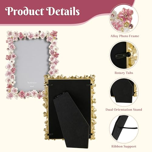 Synovana Pink Flower Picture Frame 4x6 Blossom Photo Frame for Tabletop Display, Decorative Flower Design Home Decor