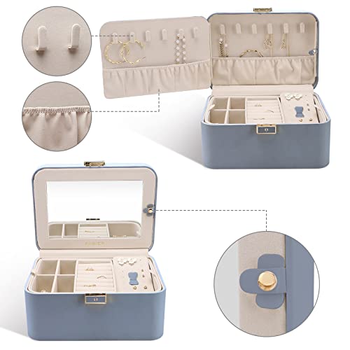 KAMIER Jewelry Organizer Box, 2 Layers PU Leather, Large Capacity, Double Lock and Large Mirror, Hidden Necklace Hooks, Re...