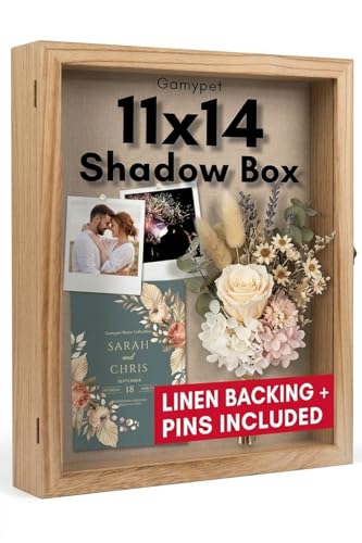 11x14 Nature Wood Shadow Box Frame - 1.57" Deep Display Case for Wedding Memory Box, Flowers and Pictures - Front Opening ...