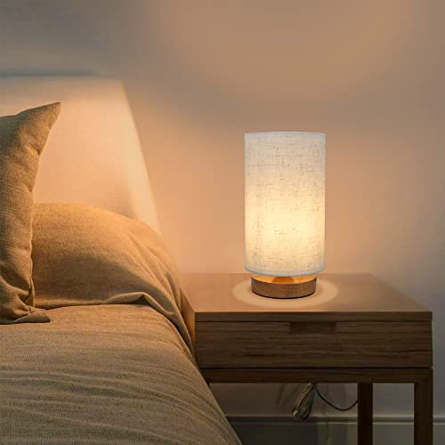 Small Bedside Night Table Lamp for Bedroom, Minimalist Nightstand Lamp with Round Fabric Linen Shade, Study Reading Desk L...
