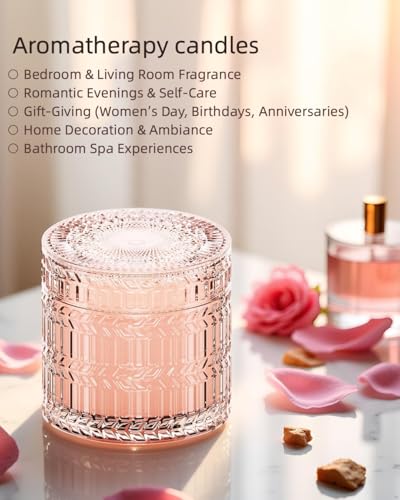 Hidden Label Sandalwood Rose Scented Candle with Crackling Wood Wick, 7.4oz Pink Soy Candle for Home Scented, 55H Clean Bu...