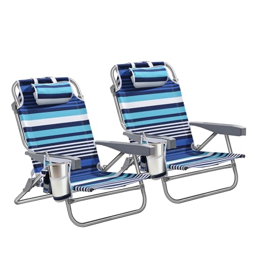 5-Position Aluminum Lay Flat Backpack Beach Chair 2 Pack, Compact Portable Low Beach Chairs for Adults, Beach Chair with C...