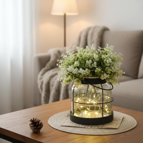Dnnnii Vintage Glass Farmhouse Vase - Handmade Rustic Lantern Planter with Bonus Artificial Flowers & LED Lights (Home Dec...
