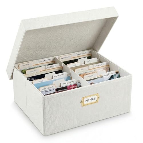 LEARNIBEE Decorative Photo Storage Box, Sturdy Linen Photo Organizer with Dividers & Envelopes, Holds Up to 1700 Pictures ...