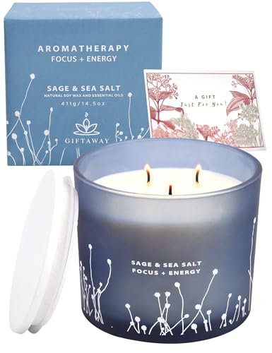 White Sage Sea Salt 3 Wick Candle - Large Soy Scented Candle 14.5 oz - Sage Candle for Cleansing House - Aromatherapy Ener...