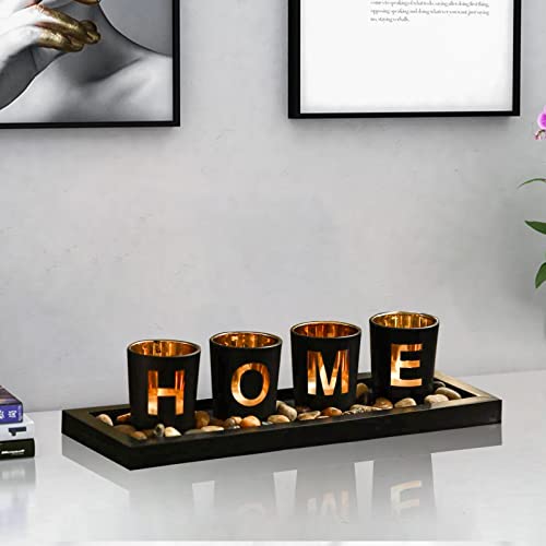 MrMrKura Home Decorative Candle Holder Set, 4 Glass Tea Light Candleholders with Wooden Candle Holders Tray, Natural Pebbl...