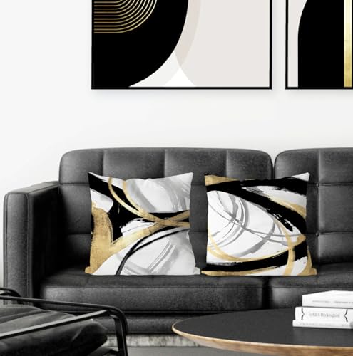 Supwhd Black White and Gold Pillow Covers, Abstract Black and Gold Pillow Covers 18x18 Set of 2, Modern Boho Home Decor, B...