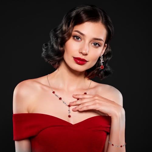 WJIAAA MBAIYO Red Rose Jewelry Set, 3Pcs Red Roses Flower Necklaces for Women Rose Dangle Necklace Bracelet Set Vintage Ea...