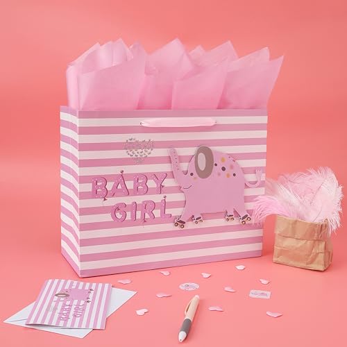wishinside 13" Large Pink Gift Bag Set with Greeting Card and Tissue Paper(3D elephant) for Baby Girl,Baby Shower,Kids Bir...