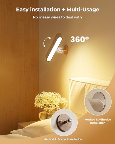 Rechargeable Indoor Wall Sconce Wood, LED Wall Light for Bedroom,Touch and Remote Control,360° Rotate Walnut Wood Wall Lig...