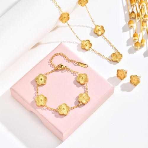 Gold Necklaces Bracelets Earring Set - 18K Gold Plated Flower Bracelet Chain,Stainless Steel Non Tarnish Floral Pendant St...