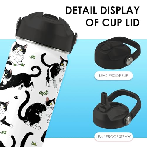 Cat Gifts for Kids - 16oz Black Cat Water Bottle with Straw Lid, Stainless Steel Insulated Bottle, Leak Proof, BPA-Free, f...
