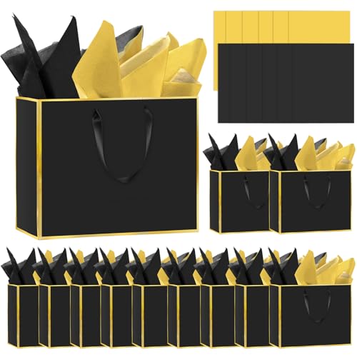 Epoesch 12 Pack Black Gift Bags with Handles – Includes 24 Tissue Paper – 11.8"x10"x4" – Elegant 5 Senses Gift Bags for We...