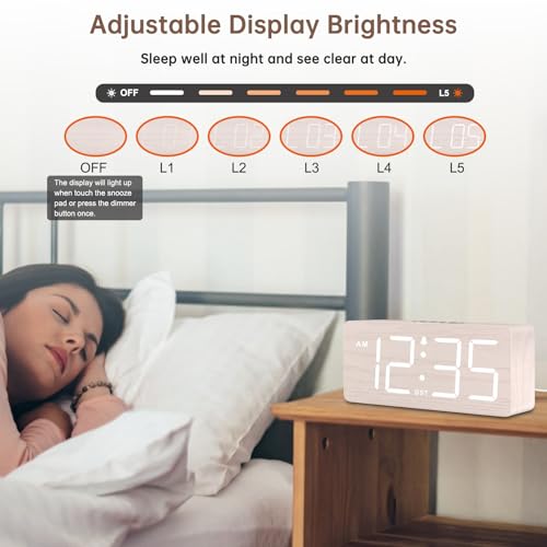 DreamSky Wooden Digital Alarm Clock for Bedroom - Desk Clock for Living Room with Large Numbers, Dimmer, Loud Alarm for He...