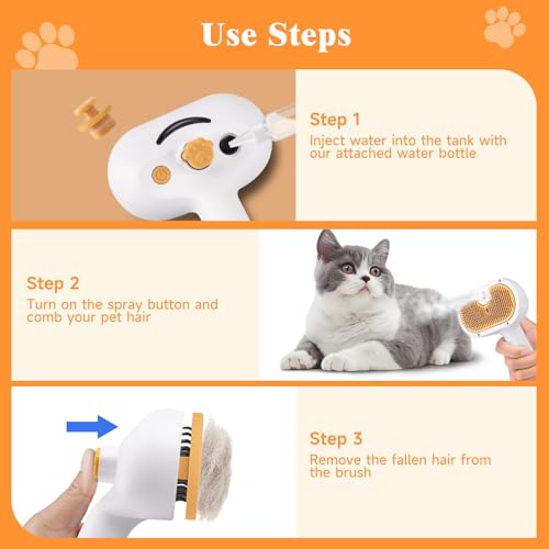 Pet Steam Brush for Dog & Cat – 3-in-1 Spray Hair Removal Comb for Shedding & Grooming, Softens Fur & Reduces Static – Wat...