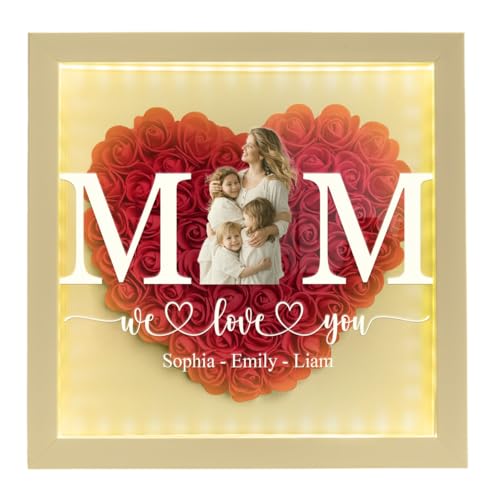 Personalized Photo Mom We Love You Flower Shadow Box with LED Light, Mothers Day Display Case Shadow Box Frame with Name f...