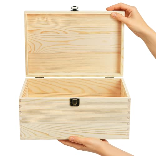 yarlung Unfinished Wooden Box with Hinged Lid, 12 x 8 x 6 Inch Large Memory Box for Crafts, Unpainted DIY Gifts Box for Je...