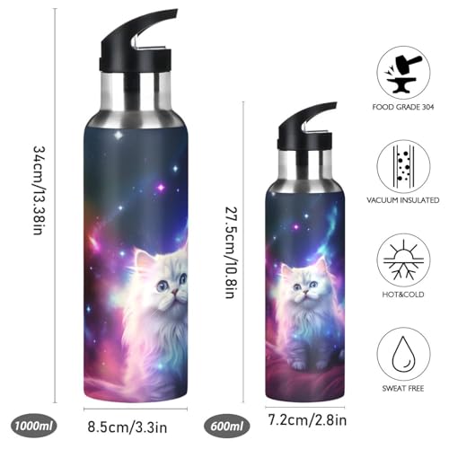 senya 20 Oz Water Bottle with Straw White Cat in The Galaxy Stainless Steel Water Bottle for Traveling Sports Leakproof In...