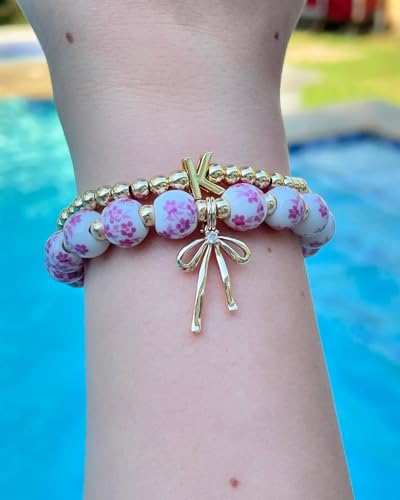 Beads Bow Charm Bracelet for Women Flower Vintage Bracelet Handmade Stretch Beaded Dainty Romantic Jewelry Gifts
