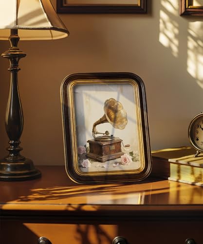 Sonefreiy Vintage 5x7 Picture Frame Antique Dark Brown Gold Photo Frame Resin Hand-Crafted Picture Frames Curved Living Ro...