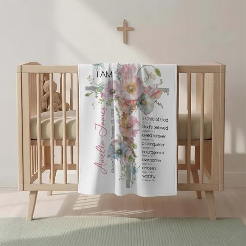 Personalized Baptism Blanket For Baby Girl, Floral Cross Christian Baby Gift, Custom Name Baptism Keepsake With Bible Vers...
