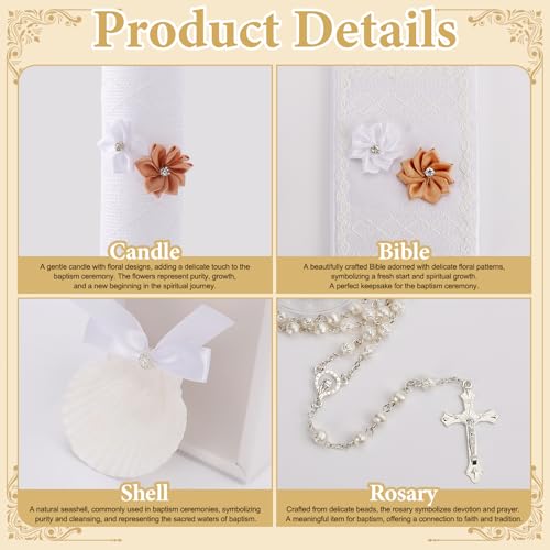 5 PCS Baptism Candle Set for Boys and Girls,Baptism Kit Catholic Candle,Towel,Shell,Rosary andBible for Baptismal Christen...