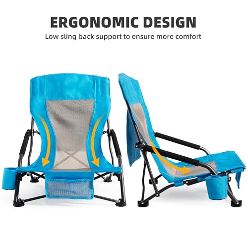 Foristrail Portable Folding Beach Chair for Adults Set of 2 - Lightweight Low Back Sling Chair with Cup Holder & Storage P...