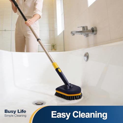 Yocada Tub Tile Scrubber Brush 2 in 1 Cleaning Brush 58.2 Inch Adjustable Telescopic Pole Stiff Bristles Scouring Pads for...