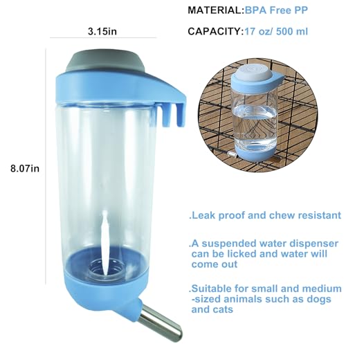 DEEUCHIS Dog Crate Water Bottle - 17 oz No Drip Kennel Pet Water Dispenser, Easy-to-Use Cage Water Bottle for Dogs, Cats, ...